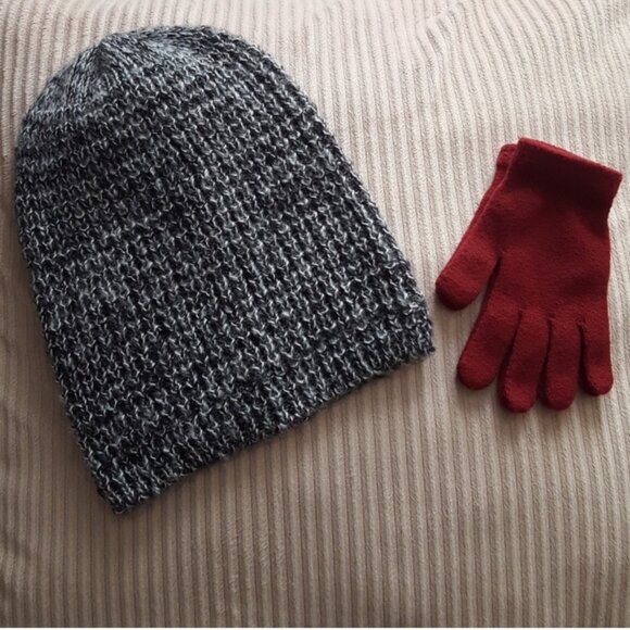Gray Knit Beanie and Red Gloves - Picture 1 of 6